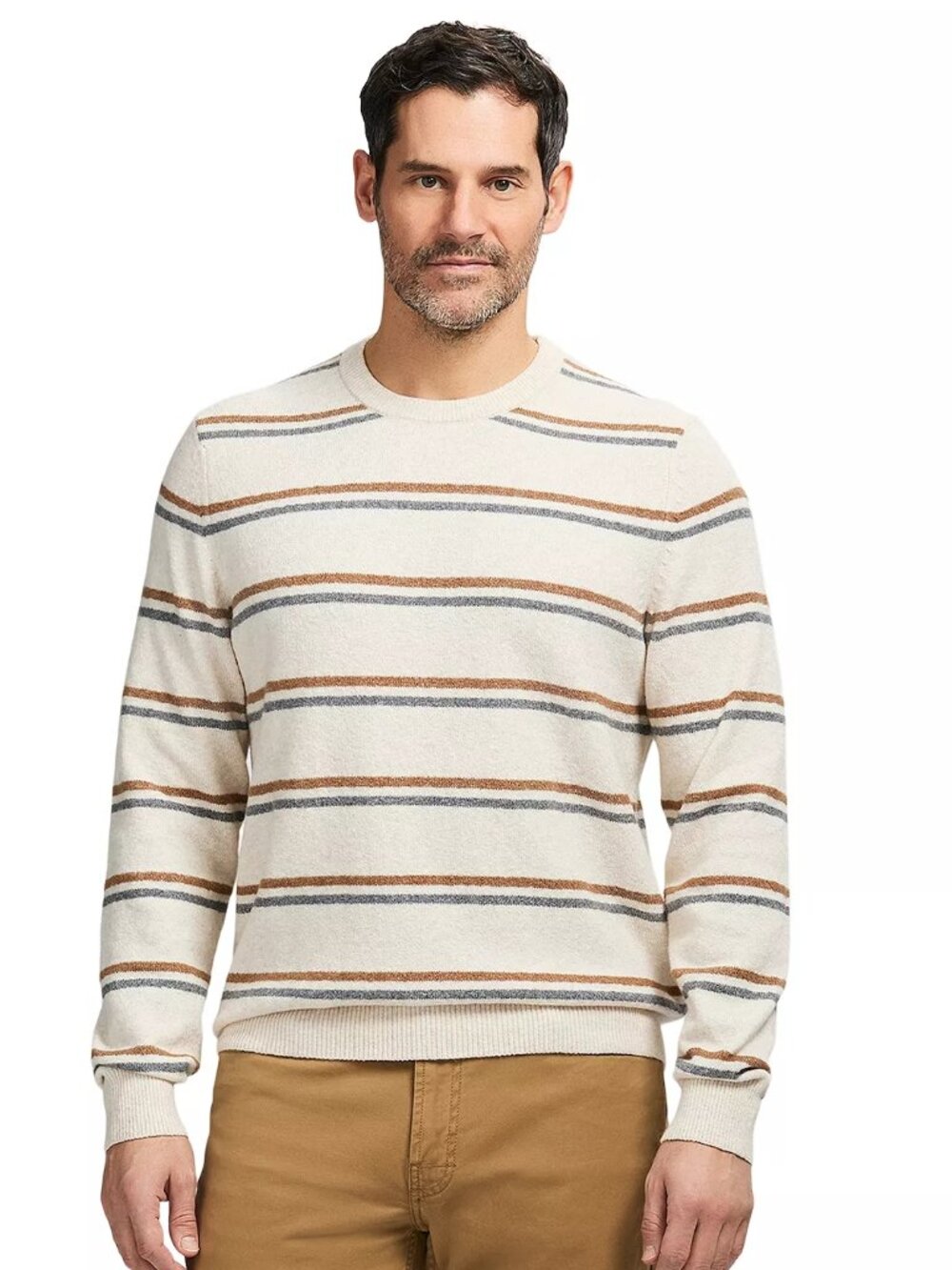 IZOD Men's Crewneck Sweater XL Rock Heather Brown Gray Stripe NWT